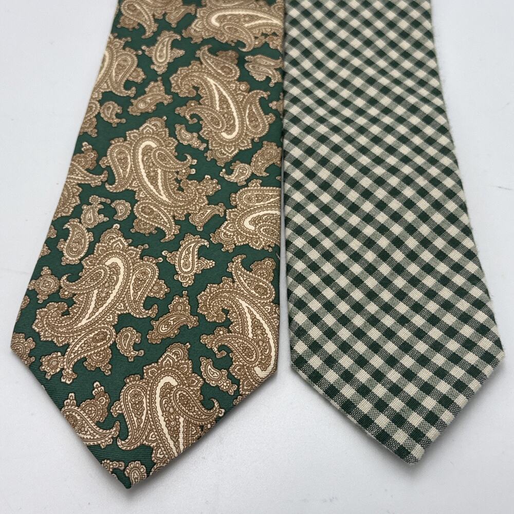 Classic Green Gold NeckTie Christian Dior 100% Silk Paisley USA Green Plaid 59”